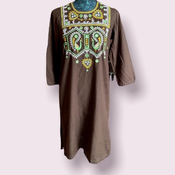 Brown Straight Kurta with Embroidery and Mirror Design - Picture 1 of 8
